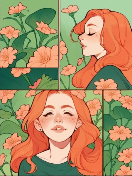 00034-1036783731-score_9, score_8_up, score_7_up, score_6_up,  _lora_p4n3lsXLP_0.9_ p4n3ls, comic, panels, 1girl, flowers, long hair, ginger hair.png